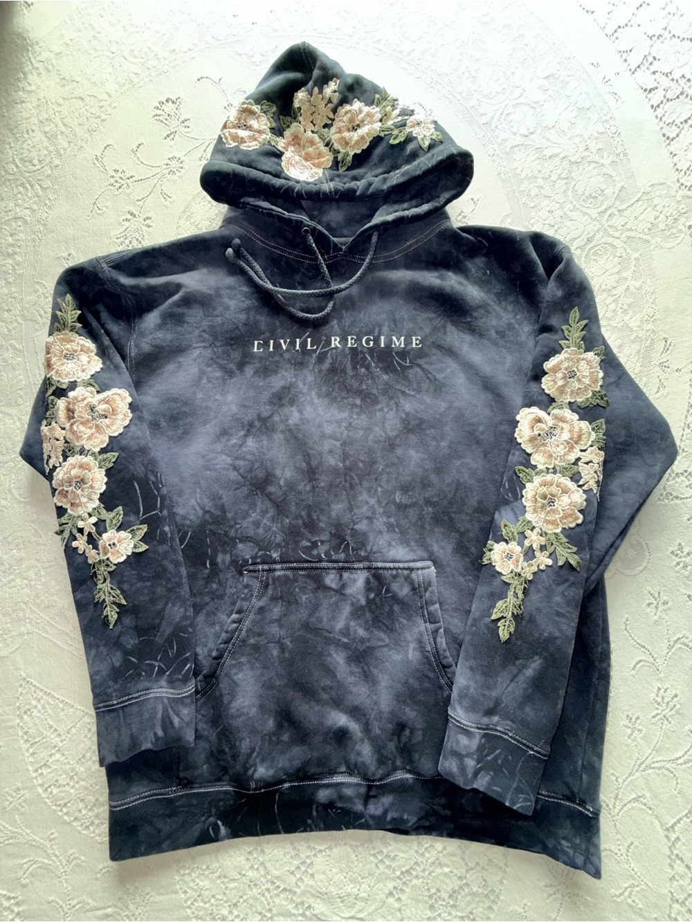 Civil Regime Medium Embroidered Floral Hoodie Black Tie-Dye Wash streetwear